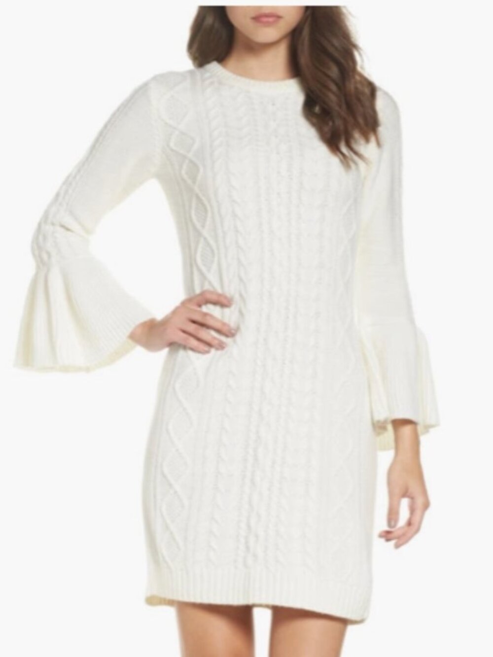 Eliza J Cream Cable Knit Sweater Dress with Bell Sleeves XS